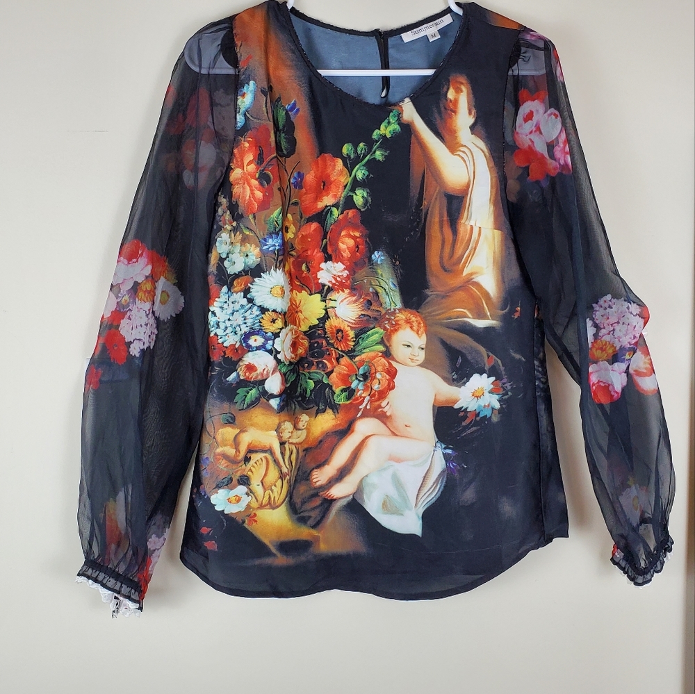 SummerSun Renaissance Cherub Sheer Mesh Blouse M
